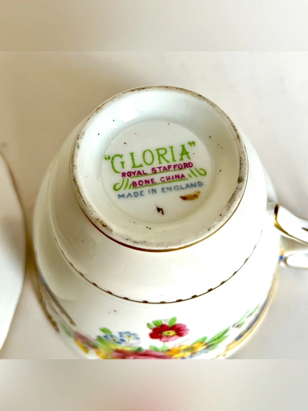 Royal Stafford 'Gloria' Floral Bone China Vintage 1950s Demitasse Cup Gold Trim